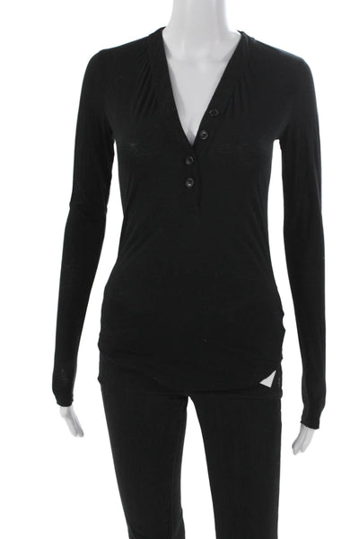 James Perse Womens Black Cotton V Neck Long Sleeve Shirt Size 0