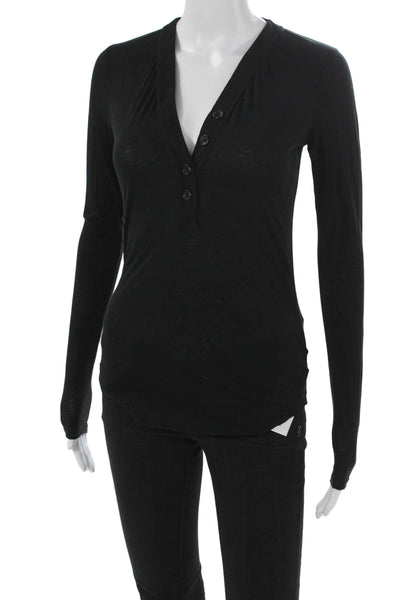 James Perse Womens Black Cotton V Neck Long Sleeve Shirt Size 0