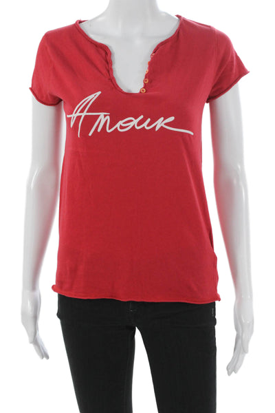 Zadig & Voltaire Women Shirt Red Cotton V Neck Graphic Short Sleeve Size XS