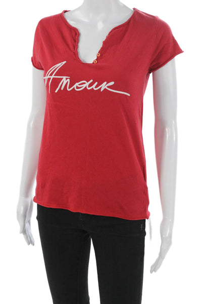 Zadig & Voltaire Women Shirt Red Cotton V Neck Graphic Short Sleeve Size XS