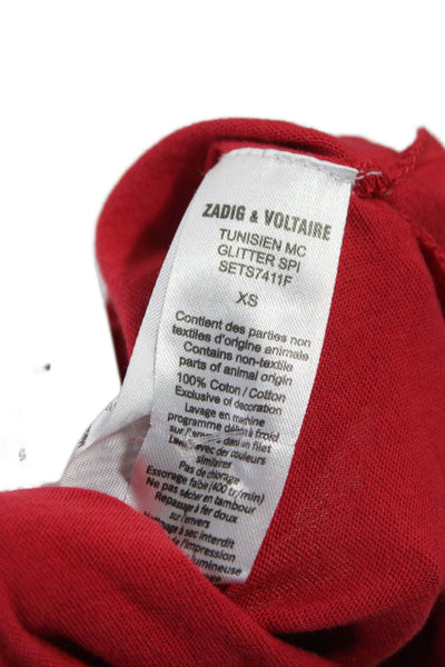 Zadig & Voltaire Women Shirt Red Cotton V Neck Graphic Short Sleeve Size XS