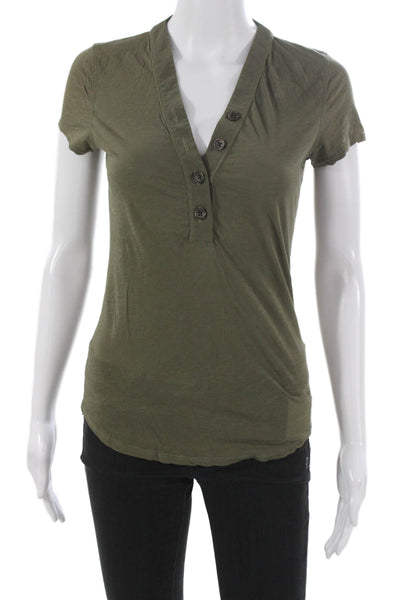 James Perse Women Green V Neck Short Sleeve Solid Cotton Shirt Size 0