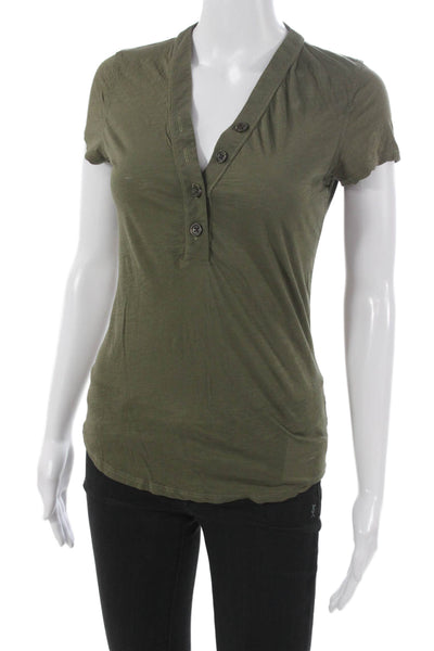 James Perse Women Green V Neck Short Sleeve Solid Cotton Shirt Size 0