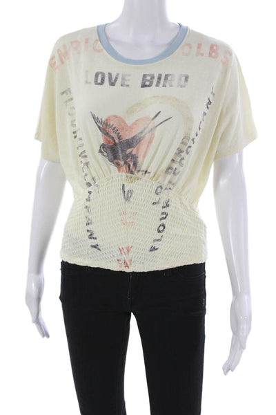 We The Free Women White Cotton Graphic Crew Neck Short Sleeve Shirt Size S