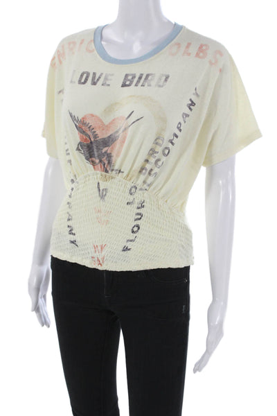 We The Free Women White Cotton Graphic Crew Neck Short Sleeve Shirt Size S
