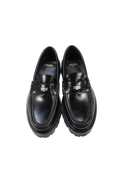 Celine Womens Leather Silver Tone Logo Loafers Black Size 36.5 6.5