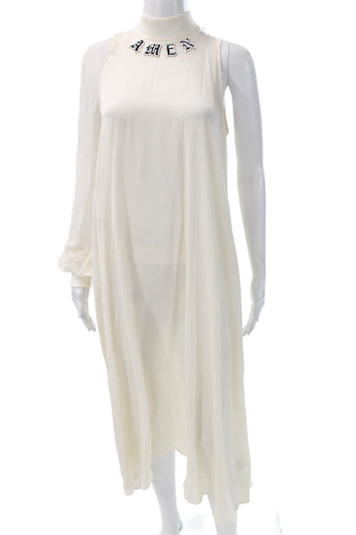 Amen Womens Maxi Dress Ivory Silk Midi Long Sleeve Mock Neck Zip Size 40