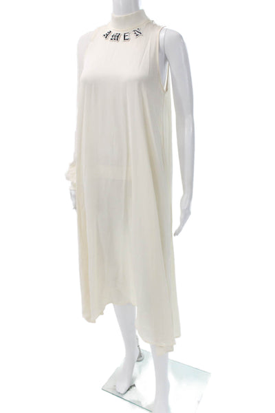 Amen Womens Maxi Dress Ivory Silk Midi Long Sleeve Mock Neck Zip Size 40