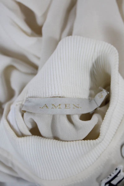 Amen Womens Maxi Dress Ivory Silk Midi Long Sleeve Mock Neck Zip Size 40