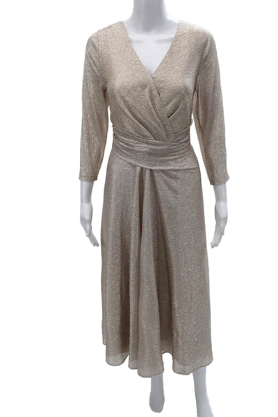 Talbot Runhof Womens Fit & Flare Dress Gold V Neck Long Sleeve Maxi Size 12
