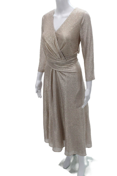 Talbot Runhof Womens Fit & Flare Dress Gold V Neck Long Sleeve Maxi Size 12