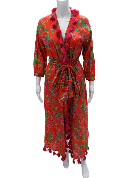 Rhode Women Wrap Dress Red Floral 100% Cotton V-Neck Long Sleeve Long Size S