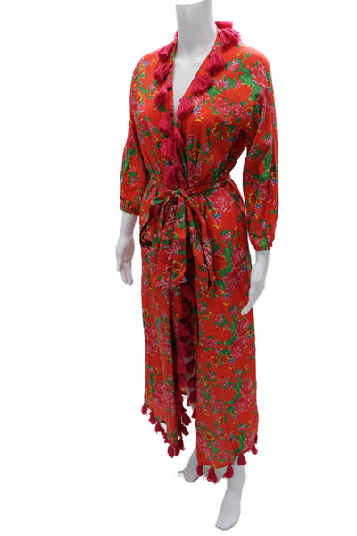 Rhode Women Wrap Dress Red Floral 100% Cotton V-Neck Long Sleeve Long Size S