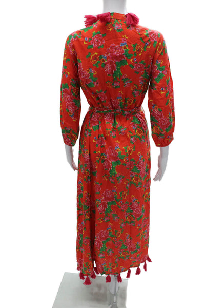 Rhode Women Wrap Dress Red Floral 100% Cotton V-Neck Long Sleeve Long Size S
