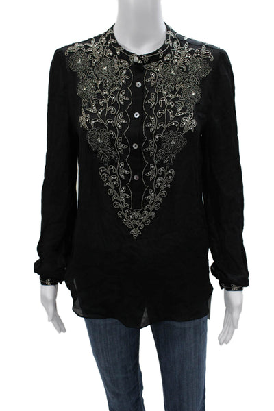 Haute Hippie Women Black Silk Floral Henley Tunic Long Sleeve Button Size S