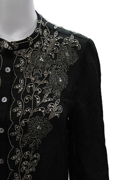 Haute Hippie Women Black Silk Floral Henley Tunic Long Sleeve Button Size S
