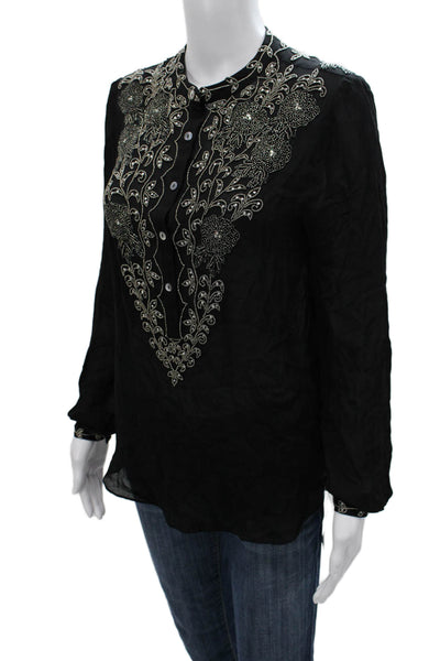 Haute Hippie Women Black Silk Floral Henley Tunic Long Sleeve Button Size S