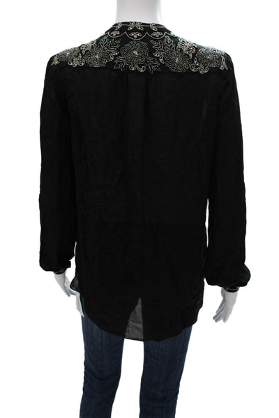 Haute Hippie Women Black Silk Floral Henley Tunic Long Sleeve Button Size S