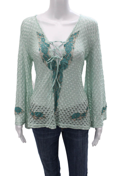 Vanita Rosa Women Floral Tunic V-Neck Lace Up Long Sleeve Green Size One Size