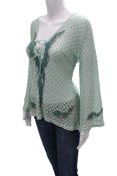 Vanita Rosa Women Floral Tunic V-Neck Lace Up Long Sleeve Green Size One Size