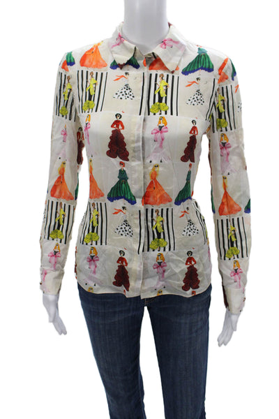 Alice + Olivia Women Silk Striped Button-Up Long Sleeve Size M