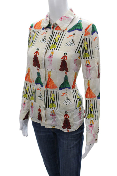 Alice + Olivia Women Silk Striped Button-Up Long Sleeve Size M