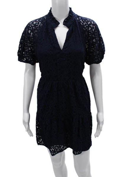 CeCe Womens Fit & Flare Midi Dress Blue V-Neck Floral Short Sleeve Nylon Size M