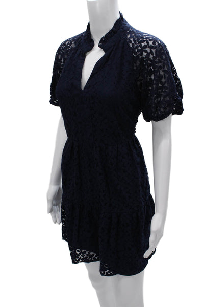 CeCe Womens Fit & Flare Midi Dress Blue V-Neck Floral Short Sleeve Nylon Size M
