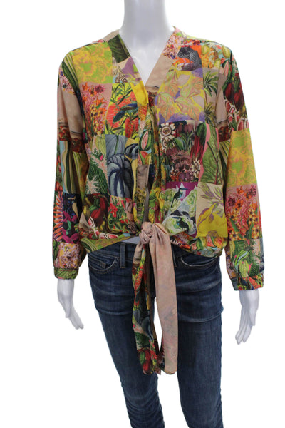 OndadeMar Women Basic Floral V-Neck Tie Blouse Multicolor Long Sleeve Size L