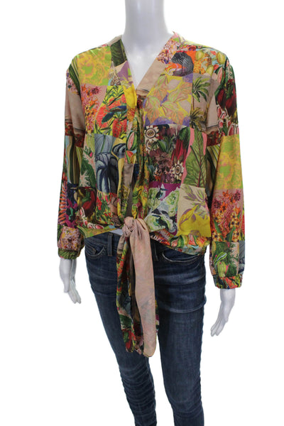 OndadeMar Women Basic Floral V-Neck Tie Blouse Multicolor Long Sleeve Size L