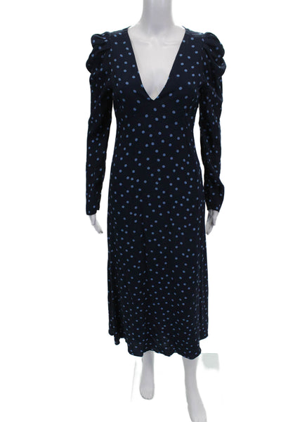 Zara Womens Midi Polka Dot V-Neck Long Sleeve Zip Dress Blue Size S