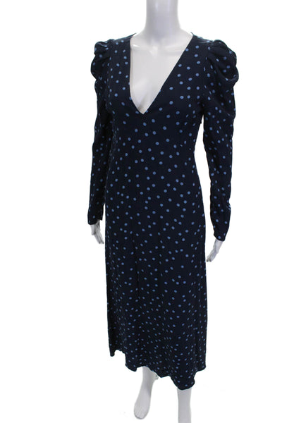 Zara Womens Midi Polka Dot V-Neck Long Sleeve Zip Dress Blue Size S