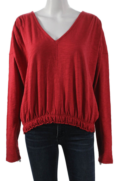 Lilla P Womens Basic Red Cotton V Neck Long Sleeve Blouse Size XL