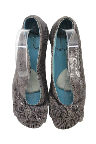 Thierry Rabotin Womens Leather Twist Bow Low Wedge Pumps Grey Black Size 36 6