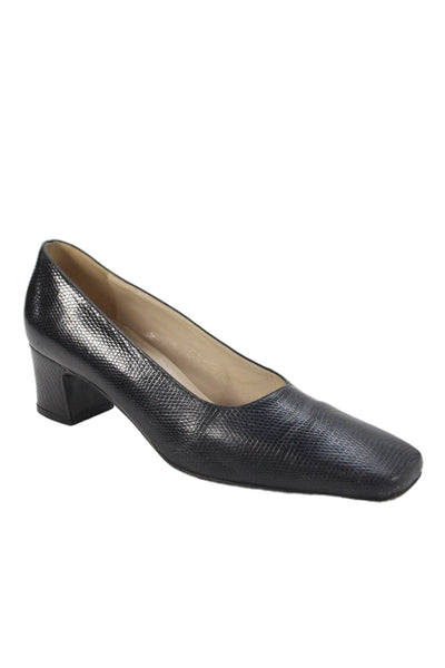 Warren Edwards Womens Lizard Skin Square Toe Slide On Pumps Black Size 7