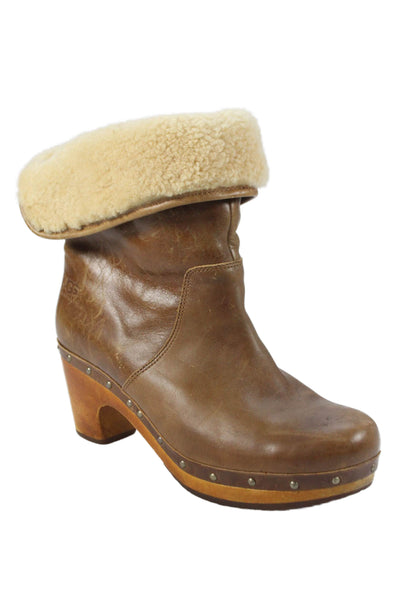 UGG Australia Womens Leather Lynnea Clog Heeled Ankle Boots Brown Size 8