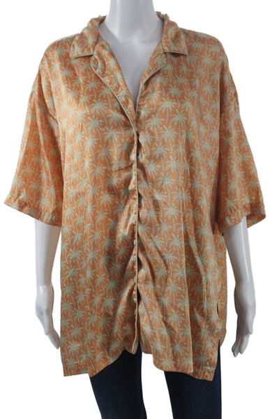 Zara Women Tunic Button-Up Orange Palm Tree Collared Short Sleeve Size XS