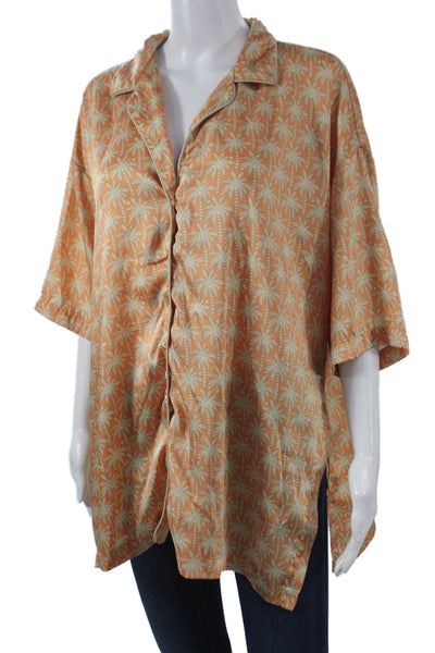 Zara Women Tunic Button-Up Orange Palm Tree Collared Short Sleeve Size XS
