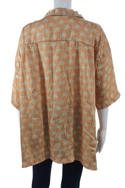 Zara Women Tunic Button-Up Orange Palm Tree Collared Short Sleeve Size XS