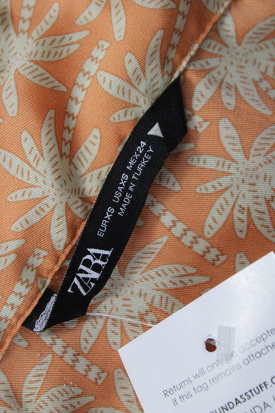 Zara Women Tunic Button-Up Orange Palm Tree Collared Short Sleeve Size XS