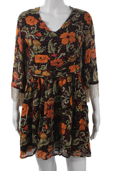 Verb Pallavi Singhee Women Mini Floral V Neck Tie Dress 3/4 Sleeve Size M