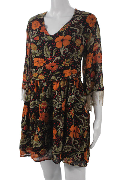 Verb Pallavi Singhee Women Mini Floral V Neck Tie Dress 3/4 Sleeve Size M