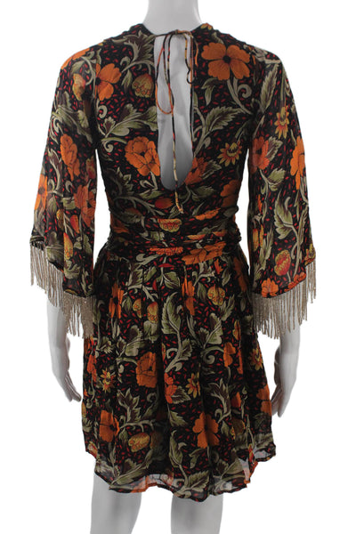 Verb Pallavi Singhee Women Mini Floral V Neck Tie Dress 3/4 Sleeve Size M