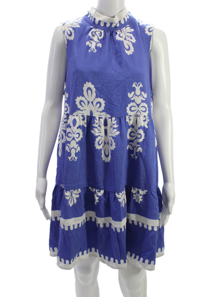 THML Womens Blue Trapeze Swing Dress Sleeveless High Neck Floral Size L