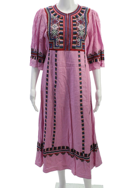 Figue Women Maxi Striped Pink Dress Half Sleeve Round Neck Cotton Size S