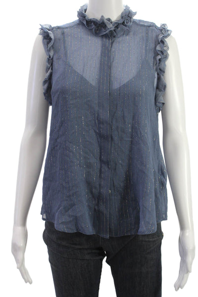 7 For All Mankind Womens Striped High Neck Blouse Blue Basic Size XS