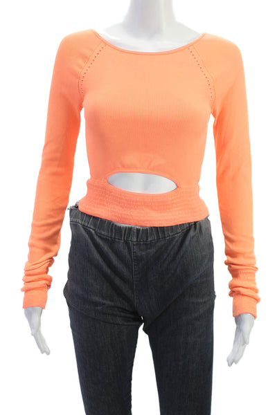 FP Movement Women Cropped Long Sleeve Casual Top Orange Round Neck Nylon Size M
