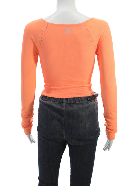FP Movement Women Cropped Long Sleeve Casual Top Orange Round Neck Nylon Size M
