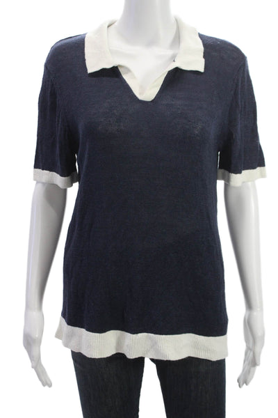 ONIA Womens Linen Collared Basic Polo Short Sleeve Blue Size S