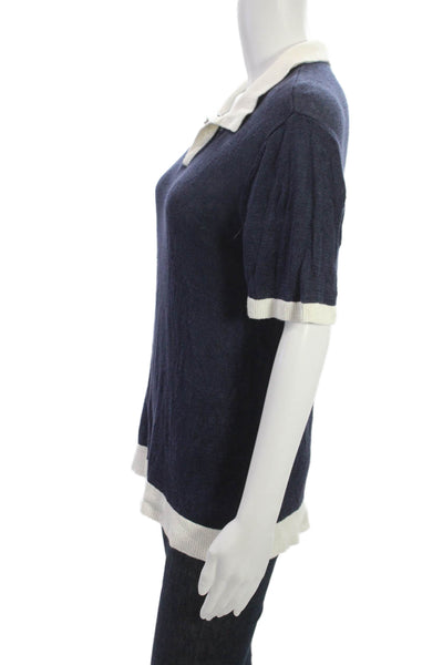 ONIA Womens Linen Collared Basic Polo Short Sleeve Blue Size S